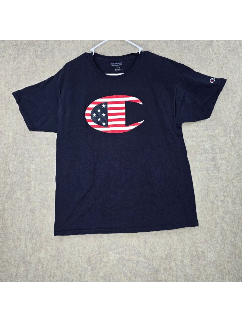 Champion Mens Large Black T-Shirt With American Flag Logo